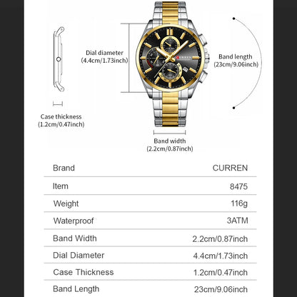 CURREN Men's Stainless Steel Chronograph Watches with Luminous Hands,Triple Sub-Dials Auto Date Fashion Design Quartz Wristwatch