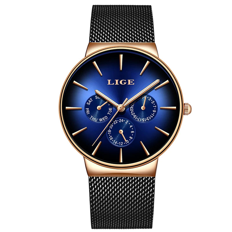Reloj de mujer LIGE, elegante y a la última: estilo deportivo e informal, correa de malla, mecanismo de cuarzo, indicador de fecha y día, resistente al agua.
