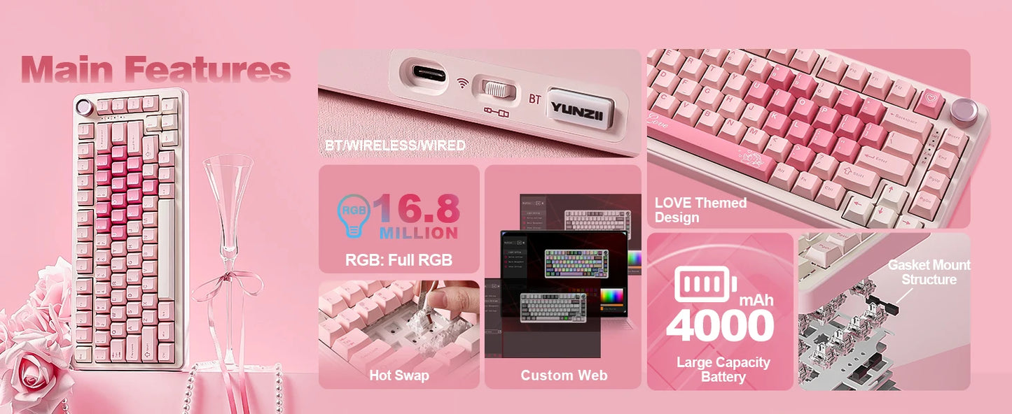 YUNZII B75 PRO Pink Mechanical Gaming Keyboard, Bluetooth/Wire/Wireless 75 Knob RGB Keyboard, Gasket Hot-Swap Custom Creamy Keeb
