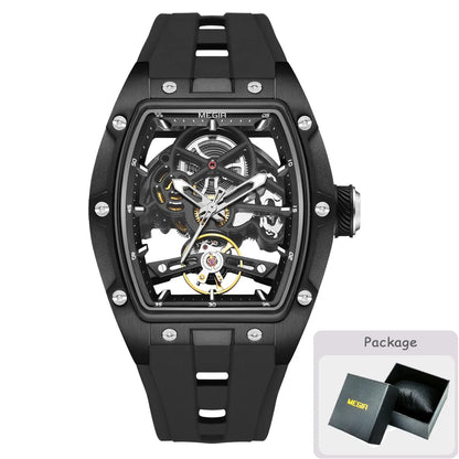 Reloj mecánico para hombre MEGIR, forma de barril, esfera esqueletizada calada, estilo deportivo, correa de silicona, reloj automático de lujo