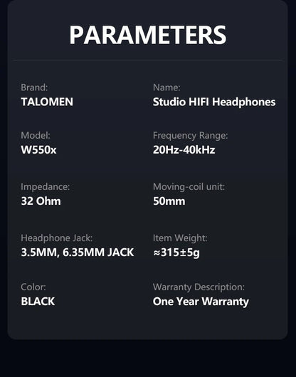 TALOMEN W550x Corded Studio Headphones Stereo Professional DJ Headphones Over-Ear Monitor Headphones with Detachable Cable