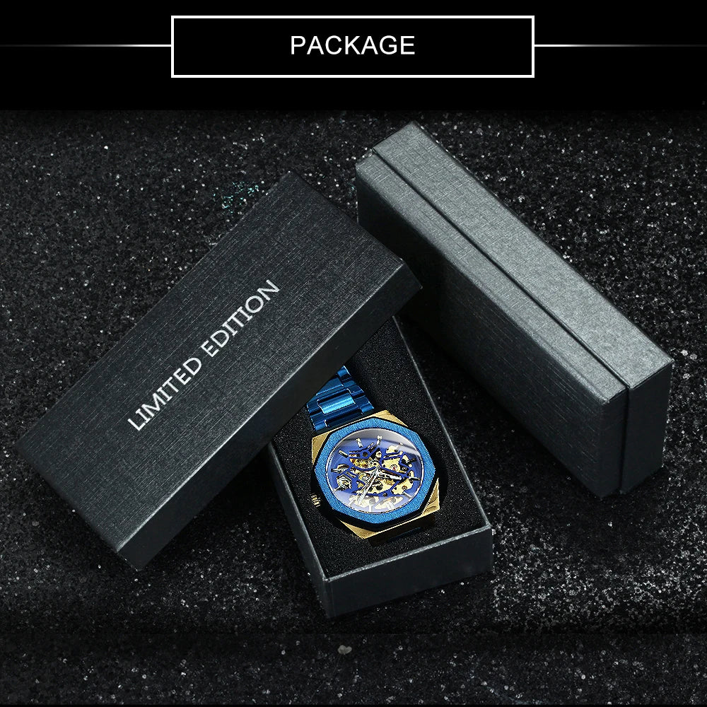 WINNER Black Gold Skeleton Mechanical Watches for Men Fashion irregular Automatic Watch Luxury Brand Stainless Steel Strap 2023