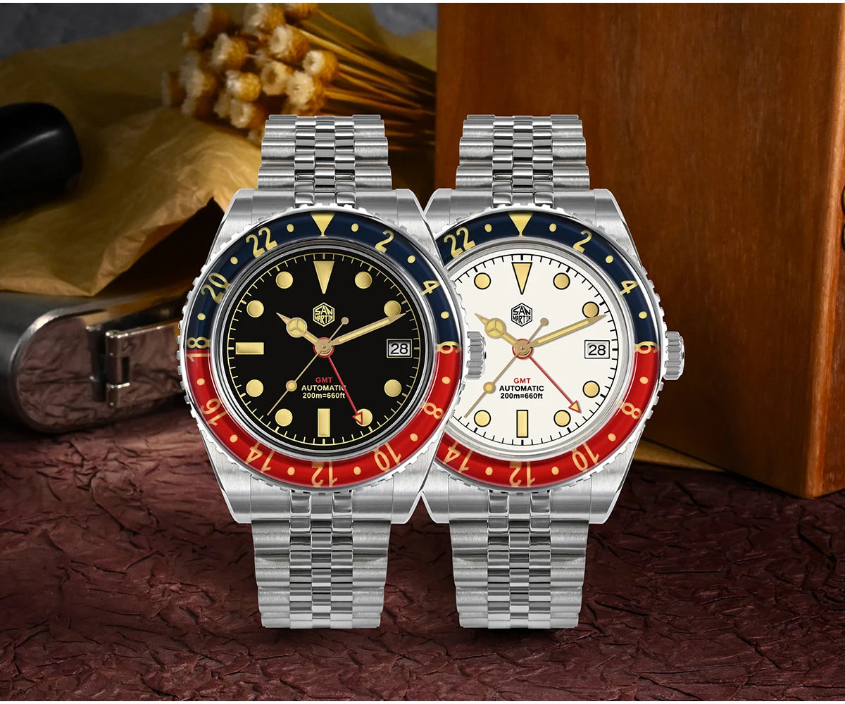 San Martin 40mm SN0005 Retro GMT NH34 Automatic Distressed Patina Dial Bi-color Sapphire Bezel Jubilee Mens Watches 20Bar Lume
