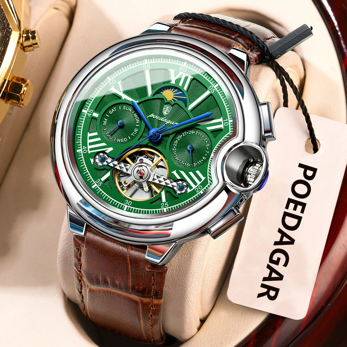 Reloj para hombre POEDAGAR, de estilo lujoso y profesional, con indicador de fecha y día, tourbillon, caja de acero inoxidable, movimiento mecánico automático y resistencia al agua.