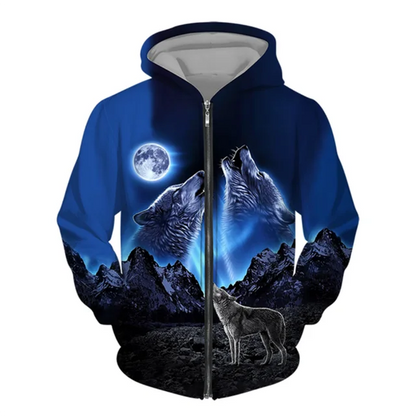 3D Wolf Print Men Zipper Hoodies Fashion Animal Pattern Top Coat Street Punk Style Oversized Sweatshirts Outdoor Leisure Jackets