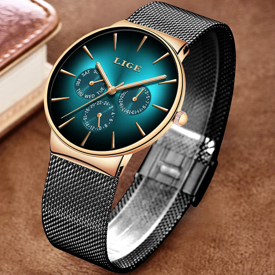 Reloj de mujer LIGE, elegante y a la última: estilo deportivo e informal, correa de malla, mecanismo de cuarzo, indicador de fecha y día, resistente al agua.