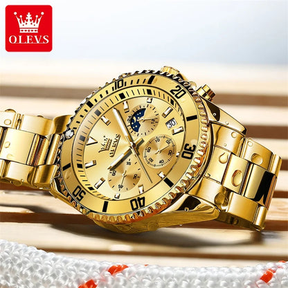 Montre OLEVS pour homme, marque de luxe, montre militaire à quartz dorée, étanche, date lumineuse, boîtier en acier inoxydable.
