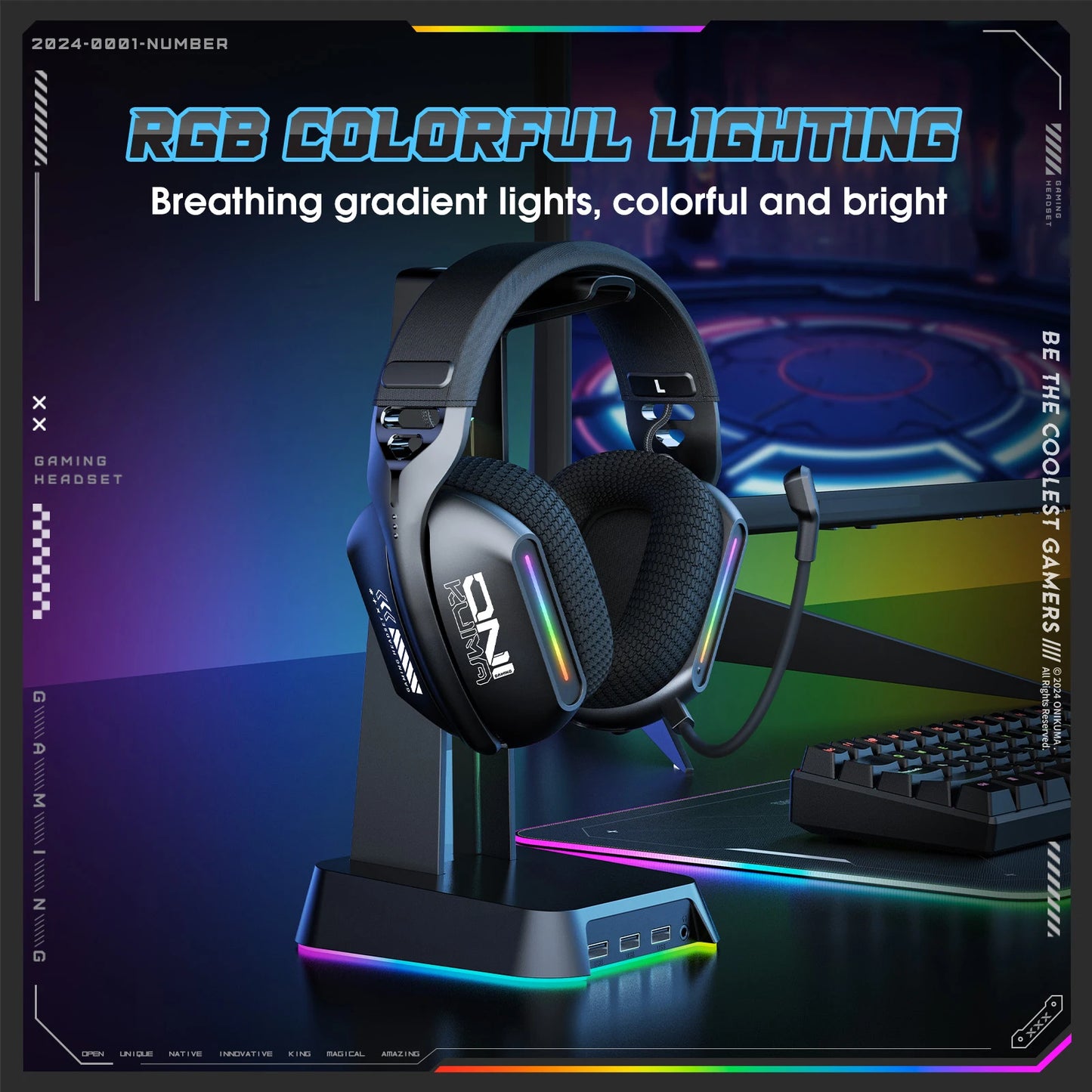 Onikuma Gt808 Three Modes with Mic E-Sports Wireless Gaming Headset Rgb Lighting Supports Bluetooth 5.3 / 2.4g / Aux 3.5mm