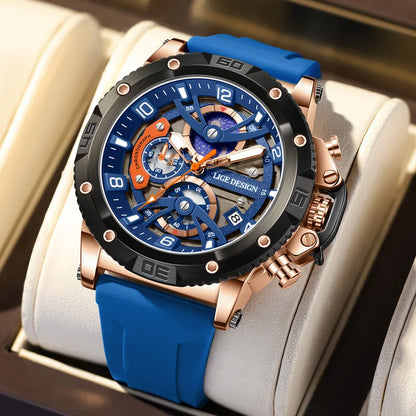 Montre pour homme LIGE Sports – Chronographe de luxe, bracelet en silicone, petits cadrans fonctionnels, mouvement à quartz, étanche et luminescente