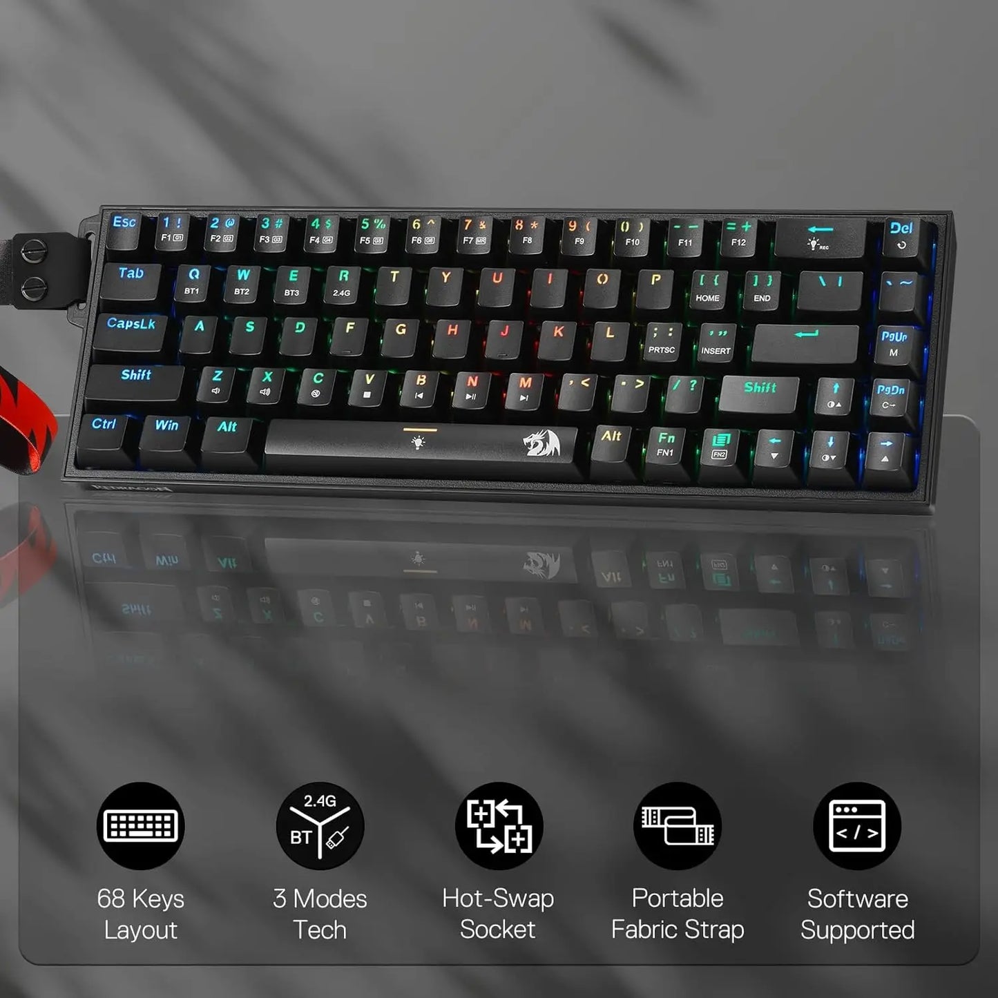 Redragon K631 PRO 65% 3-Mode Wireless RGB Gaming Keyboard, 68 Keys Hot-Swappable, Compact Mechanical Keyboard with Hot-Swappable