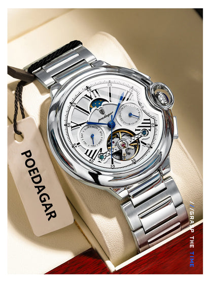 Reloj para hombre POEDAGAR, de estilo lujoso y profesional, con indicador de fecha y día, tourbillon, caja de acero inoxidable, movimiento mecánico automático y resistencia al agua.