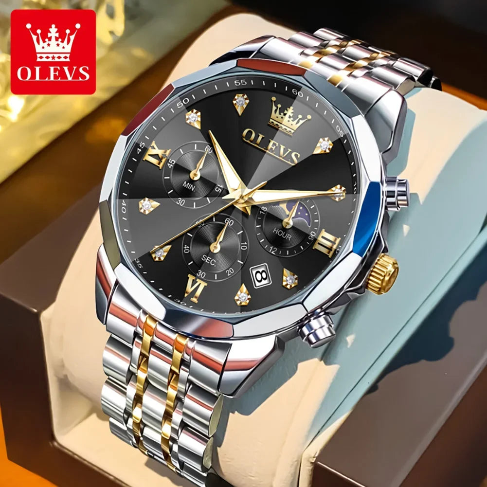 Montre homme OLEVS 3670, élégante, à phase de lune, à quartz, étanche, lumineuse, automatique, date, en acier inoxydable
