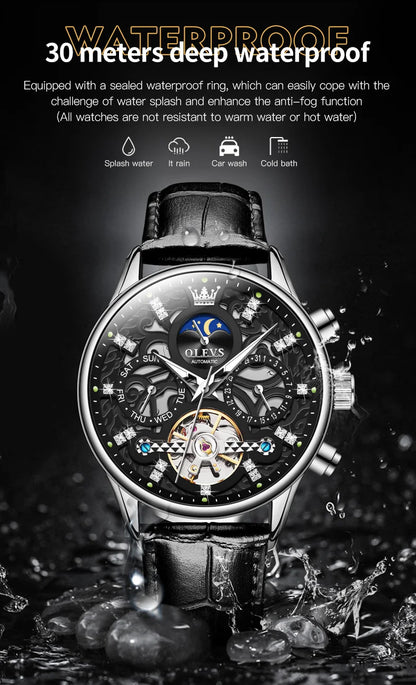 OLEVS 6658 Automatic Mechanical Watch for Man Leather Strap Waterproof Moon Phase Business Dress Men's Watches