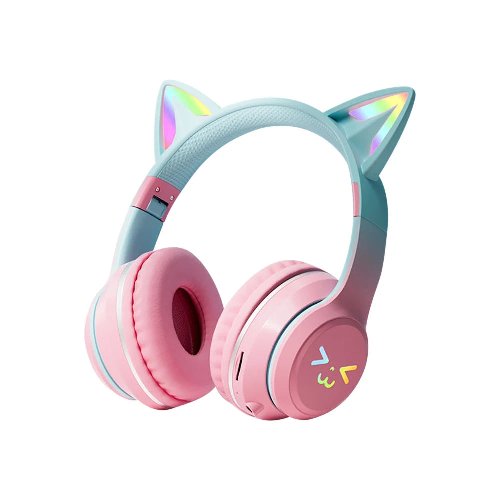 RGB Cat Ear Wireless Bluetooth Headphones for Kids & Girls – LED Light Stereo Gaming Headset with Microphone