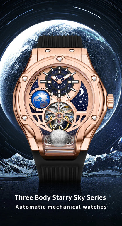HANBORO Rose Gold Starry Sky Hollow Flywheel Moon Phase Automatic Mechanical Watch Luxury Space Theme Sports Watch 980