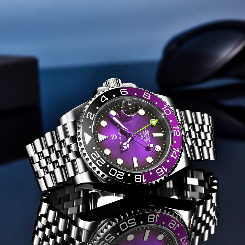 Montre mécanique pour homme Pagani Design GMT – Modèle de luxe avec verre saphir, boîtier en acier inoxydable et lunette en céramique – Montre automatique pour homme, style professionnel