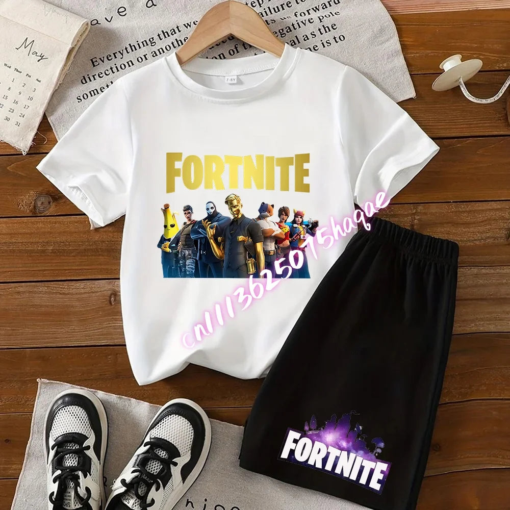 Sommerliches Fortnite-Kinder-Set: T-Shirt und Shorts, 2-teilig, Anime-Design, kurzärmelig, aus Baumwolle, lässige Sportbekleidung, Geschenkidee