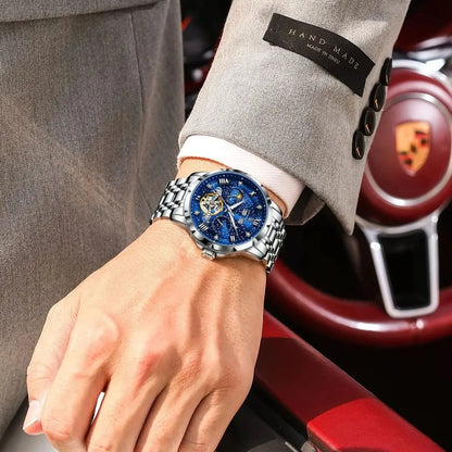 Montre mécanique automatique pour homme POEDAGAR – Modèle haut de gamme, boîtier en acier inoxydable, calendrier, tourbillon apparent