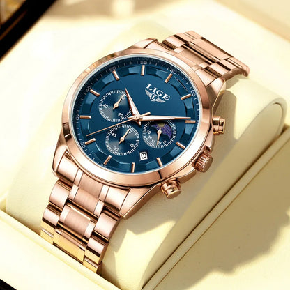 Reloj para hombre LIGE: cronógrafo de cuarzo de lujo, resistente al agua (3 bares), con agujas luminiscentes
