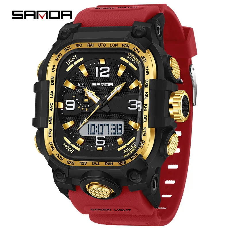 SANDA 6310 Men's Electronic Watch Multifunctional Luminous Alarm Clock Calendar Stopwatch Dual Display Digital Watches for Man