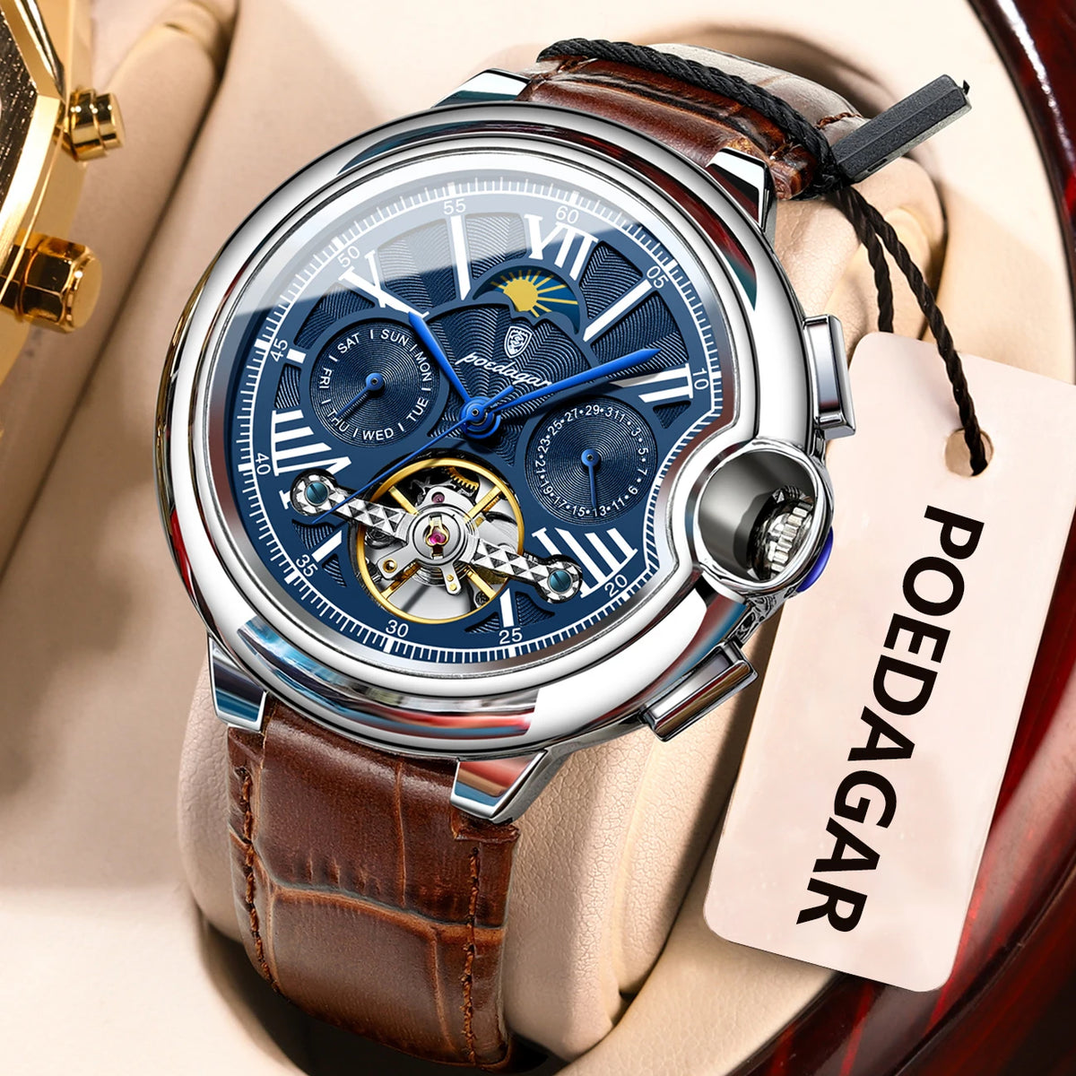 Reloj para hombre POEDAGAR, de estilo lujoso y profesional, con indicador de fecha y día, tourbillon, caja de acero inoxidable, movimiento mecánico automático y resistencia al agua.