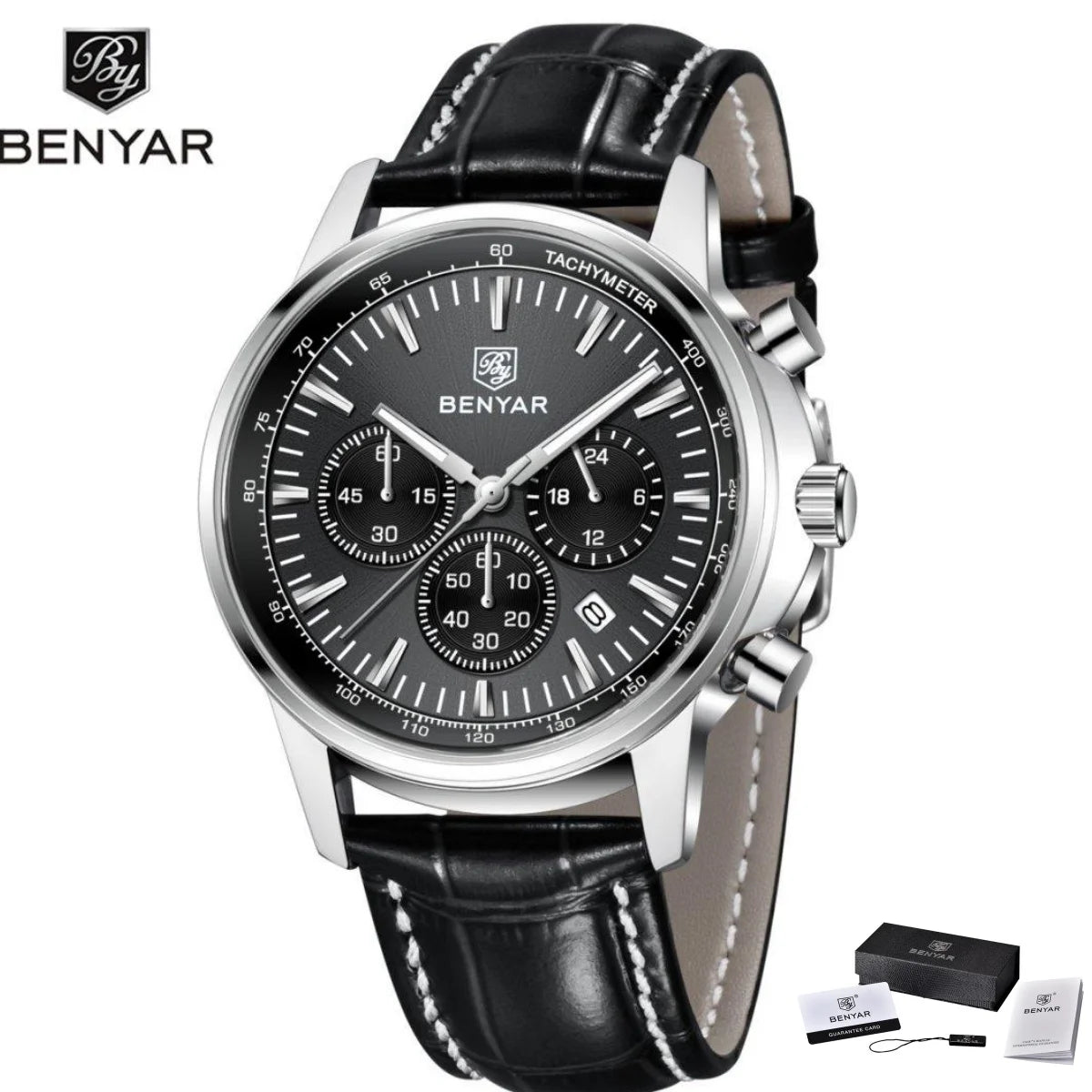 Reloj de lujo para hombre Benyar: cronógrafo con fecha, correa de piel, resistente al agua, luminiscente, estilo deportivo y militar, reloj de cuarzo