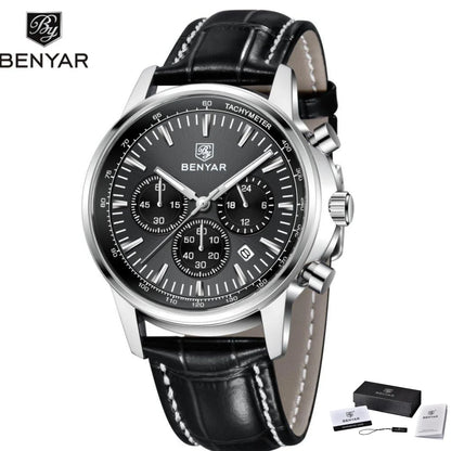Reloj de lujo para hombre Benyar: cronógrafo con fecha, correa de piel, resistente al agua, luminiscente, estilo deportivo y militar, reloj de cuarzo