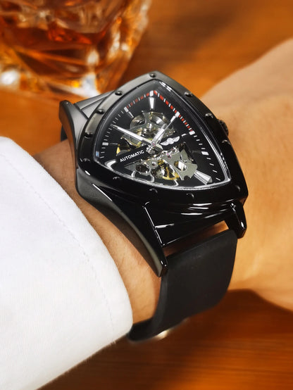 Reloj automático para hombre WINNER, diseño esqueleto triangular, agujas luminiscentes, correa de caucho, estilo militar, reloj mecánico de lujo