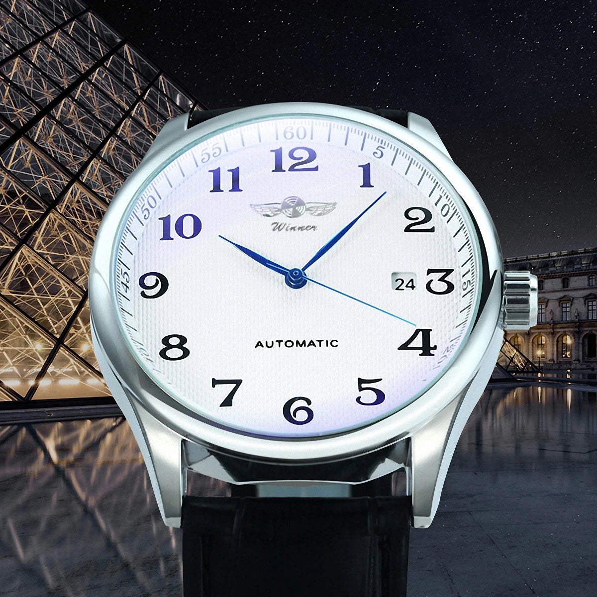 Reloj clásico para hombre: estilo retro con calendario y agujas azules, movimiento mecánico automático, marca de prestigio, caja de acero y correa de piel