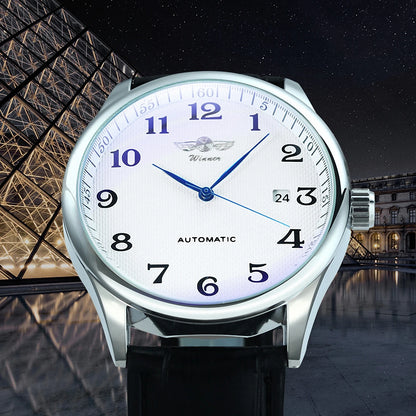 Reloj clásico para hombre: estilo retro con calendario y agujas azules, movimiento mecánico automático, marca de prestigio, caja de acero y correa de piel