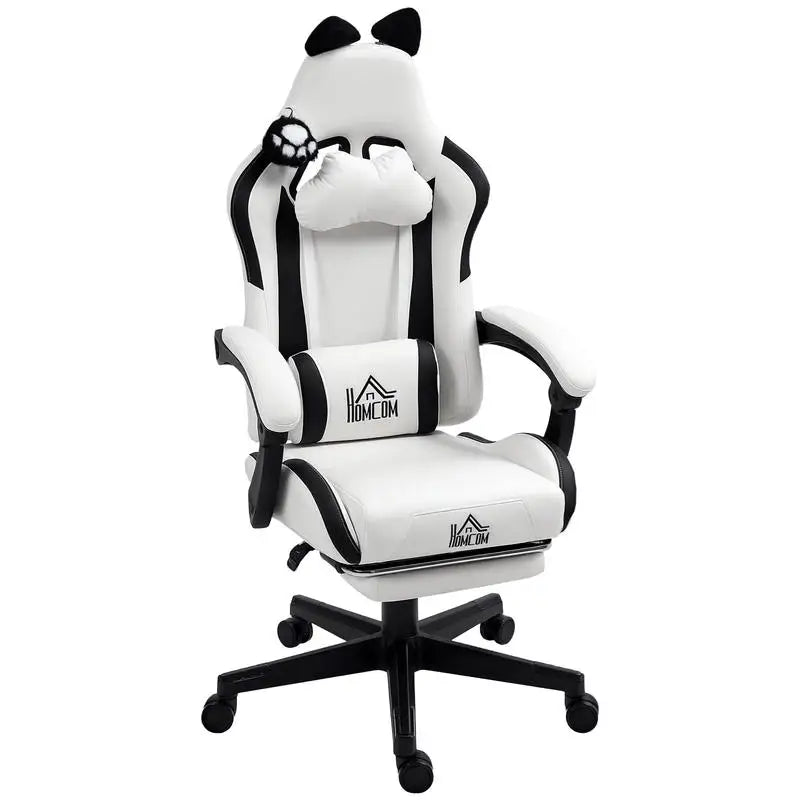 Cute Cat Shaped Gaming Chair with Removable Cat Ears and Paws,Retractable Footrest, Lumbar Head Support, 360° Swivel Gamer Chair