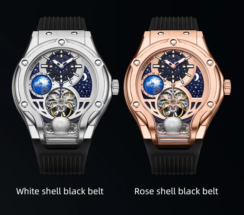 HANBORO Rose Gold Starry Sky Hollow Flywheel Moon Phase Automatic Mechanical Watch Luxury Space Theme Sports Watch 980