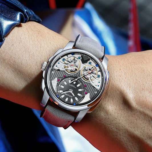 Montre pour homme AILANG – Montre-bracelet mécanique automatique, étanche, de style sportif et militaire, dotée d'un double tourbillon et d'un bracelet en cuir