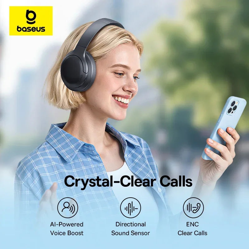 Baseus BH1 Lite Wireless Headphones Bluetooth 6.0 ENC Clear Call Headsets Super Bass Hit Earphones 80H Playtime Over Ear Headset