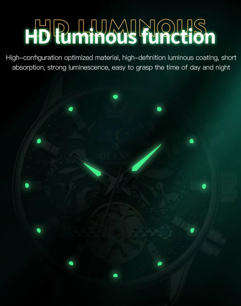 OLEVS 6658 Automatic Mechanical Watch for Man Leather Strap Waterproof Moon Phase Business Dress Men's Watches