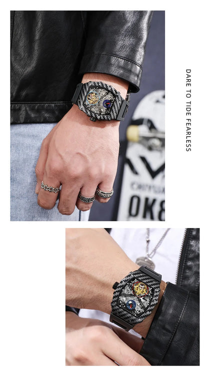 Tourbillion Mechanical Watch for Men Silicone Strap Skeleton Tonneau Automatic Mens Watches Top Brand Luxury Reloj Hombre