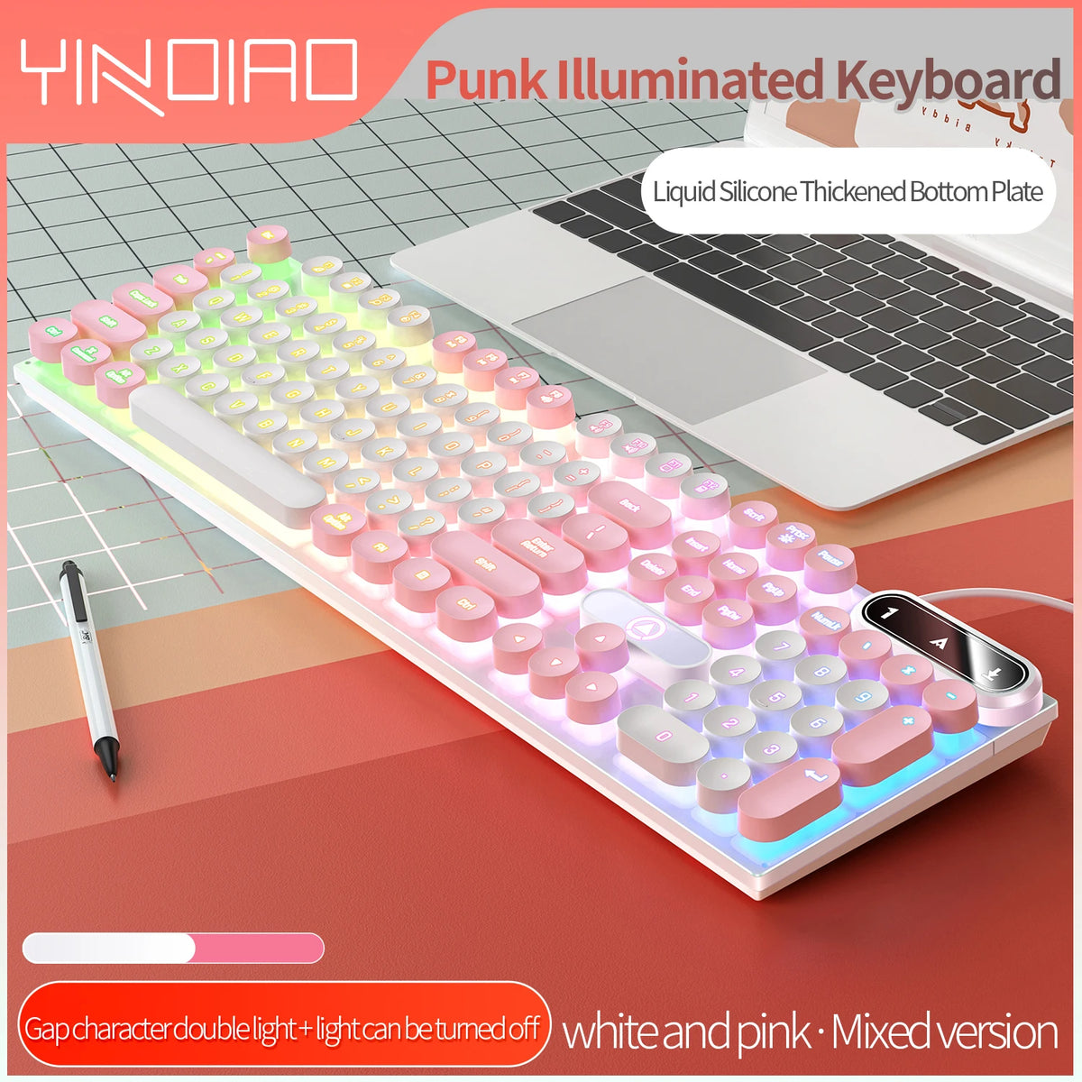 Typewriter Round 104 Keys Gaming Keyboard Wired Keyboard Color Matching Backlit Computer E-sports Peripherals for Desktop Laptop