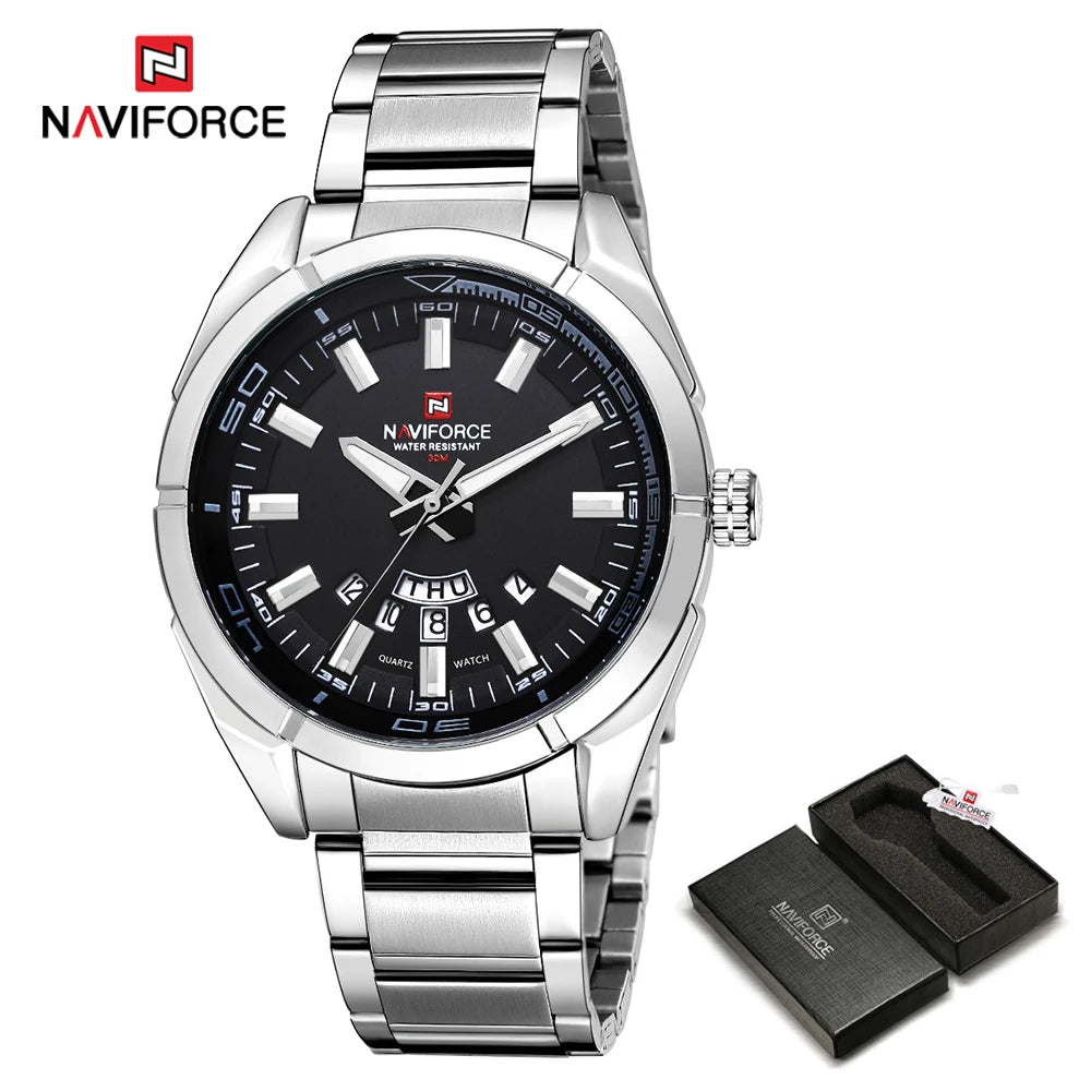 Reloj para hombre NAVIFORCE, totalmente de acero, hermético, estilo informal, movimiento de cuarzo con indicador de fecha – Reloj de pulsera de lujo para hombre, de una marca líder.