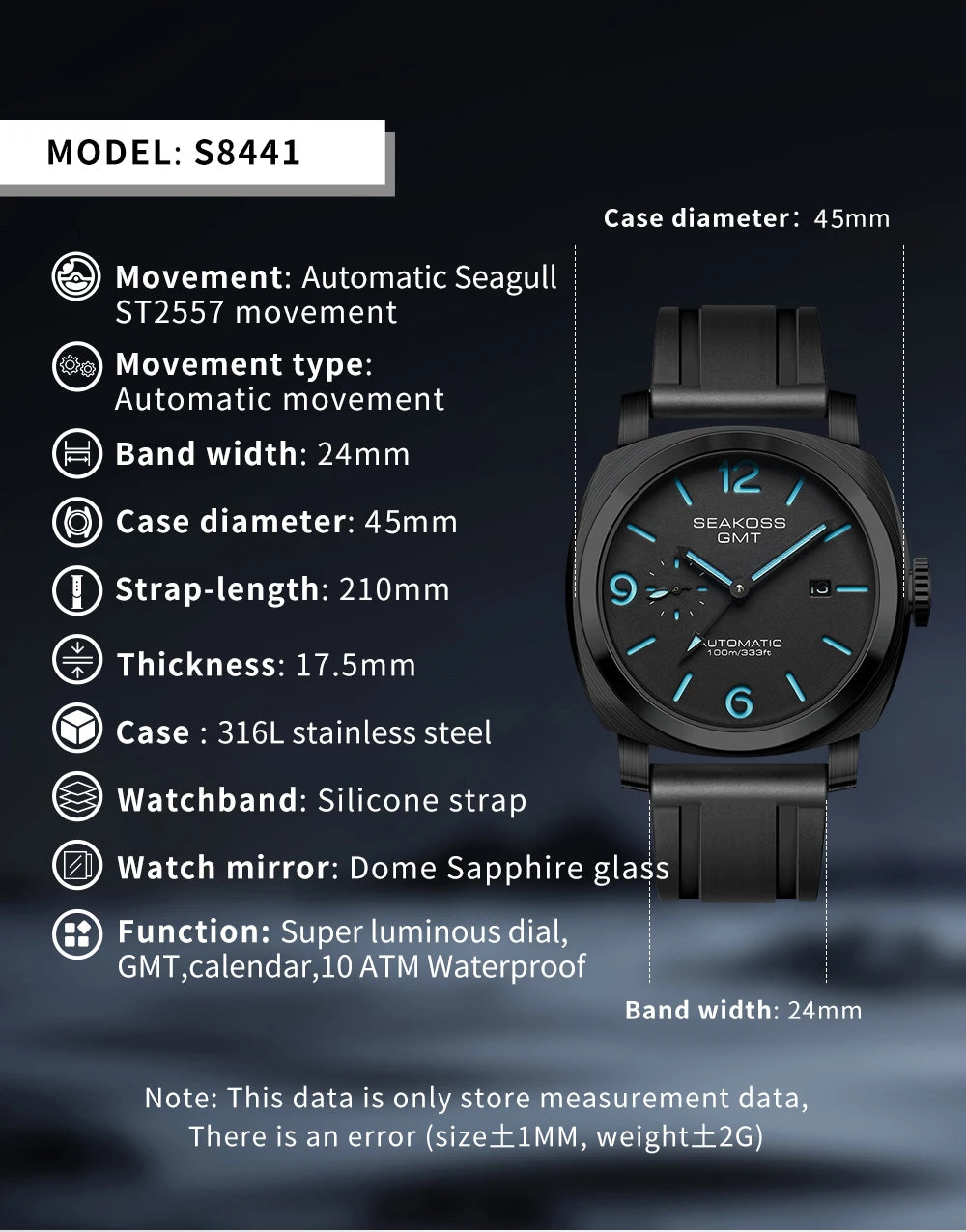 SEAKOSS GMT Men‘s Diving Automatic Mechanical Watches Seagull ST2557 Movement 316L Super Luminous Calendar 10Bar Reloj Homber