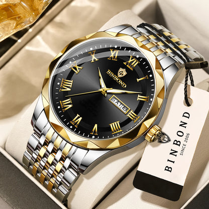 Montre-bracelet de luxe à quartz BINBOND Original Brand pour homme, lumineuse, étanche, date automatique, affichage du jour de la semaine, style décontracté.