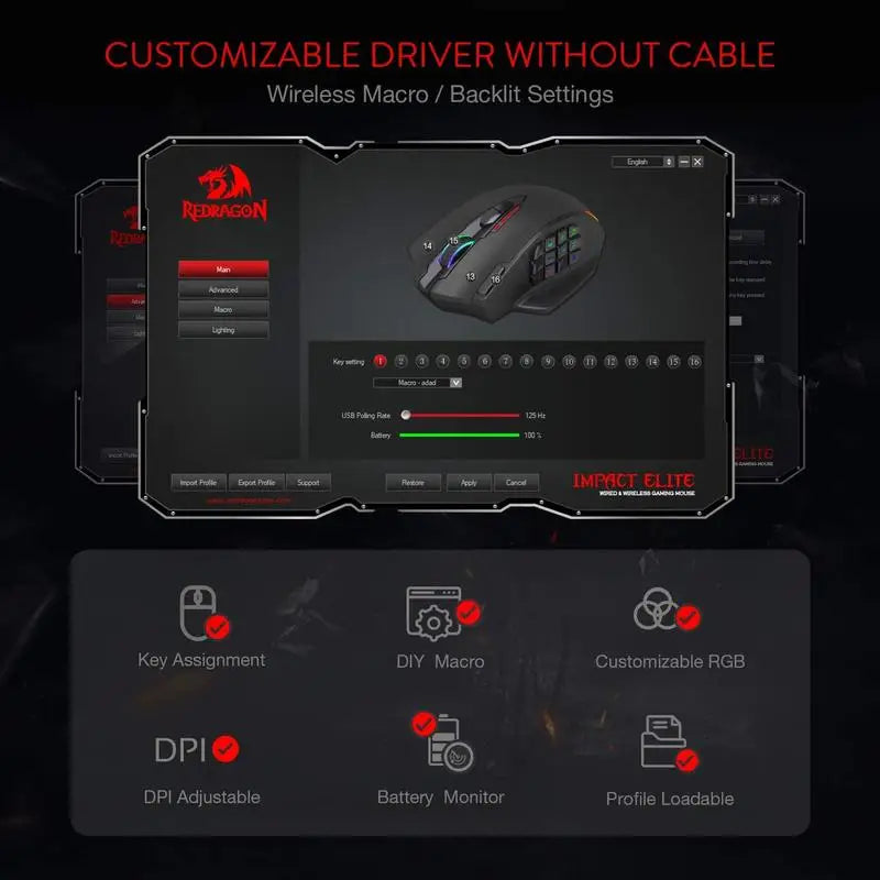 Redragon M913 Gaming 16000 DPI Wired 2.4Ghz Wireless RGB Optical Gamer Mouse 16 Programmable Buttons, Black/White Mouse