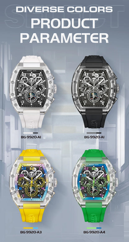 BONEST GATTI Automatic Watch Tonneau Mechanical Wristwatch K9 Crystal Case Rubber Strap Multi Dial Watches For Men