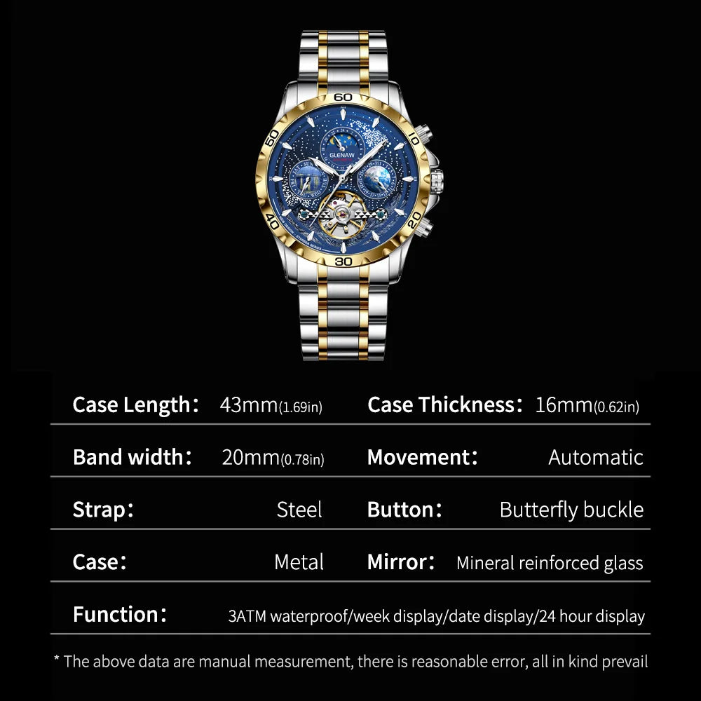 Relojes para hombre GLENAW Design, marca líder de lujo, moda y negocios, reloj automático impermeable para hombre, reloj mecánico para hombre