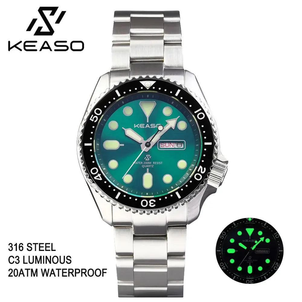 KEASO Top Men's Dive Watch C3 Super Luminous 316L Solid Steel 20Bar Waterproof Sapphire Mirror MIYOTA 2035 Quartz Movement Watch
