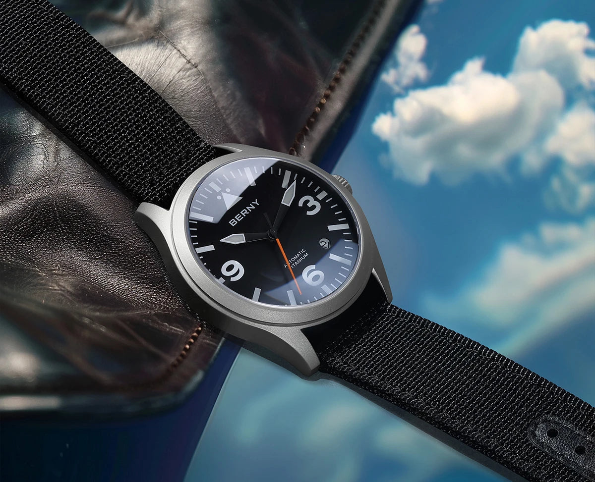 BERNY Aviation Top Titanium Mechanical Men Watch Sapphire AR Coating Supper Luminous 10Bar Sport Watch Titanium Aviation Watches