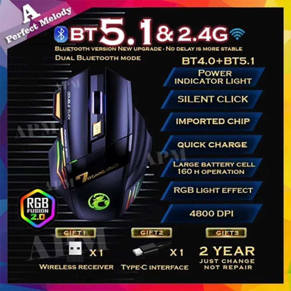 7-key 2.4G silent rechargeable colorful breathing light wireless gaming mouse without double clicking