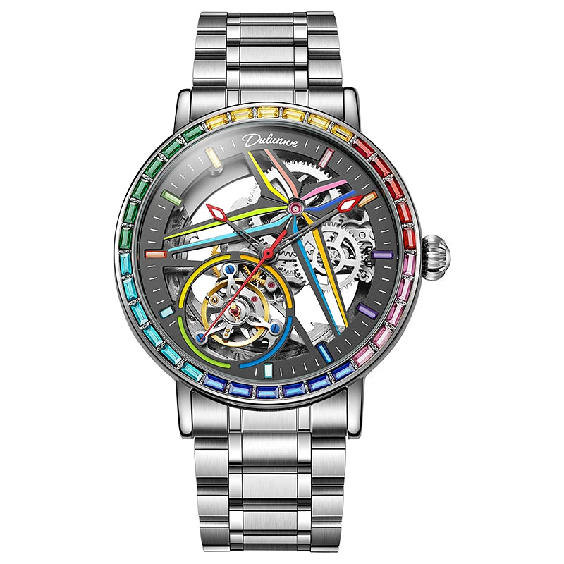 Reloj esqueleto para hombre, de estilo moderno, adornado con piedras preciosas de los colores del arcoíris y dotado de un tourbillon; reloj mecánico automático de lujo, hermético hasta 30 metros.