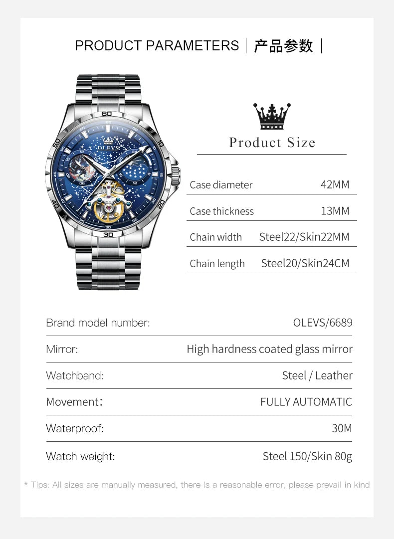OLEVS Flywheel Skeleton Automatic Watch for Men Luminous Starry Sky Waterproof Business Wristwatch Mechanical Watch