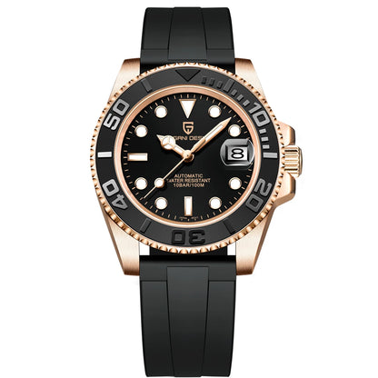 PAGANI DESIGN Automatic Watch Rose Gold Diver Watch 100M Waterproof Luxury Sport Wristwatch Black Rubber Strap Relogio Masculino