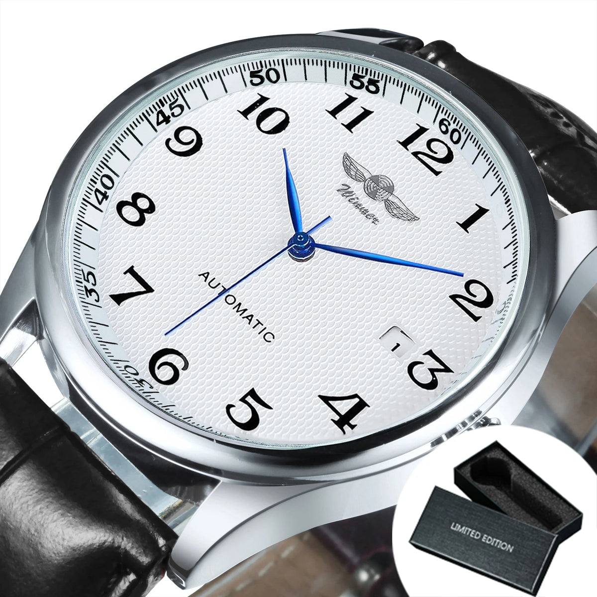 Reloj clásico para hombre: estilo retro con calendario y agujas azules, movimiento mecánico automático, marca de prestigio, caja de acero y correa de piel
